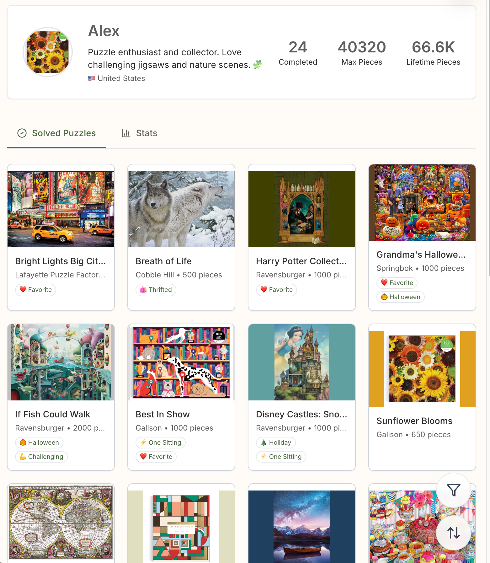 Jigsolved puzzle tracker app showing a user's jigsaw puzzle collection gallery with completed puzzles, stats, and progress tracking